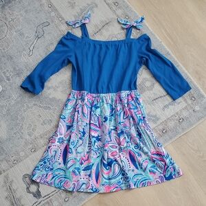 Lilly Pulitzer Girl's Minisa Dress Off Shoulder Blue Pink SzXL (12-14)